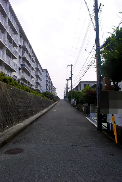 高い石垣の上に団地が並び、その脇をまっすぐ上る長い坂道