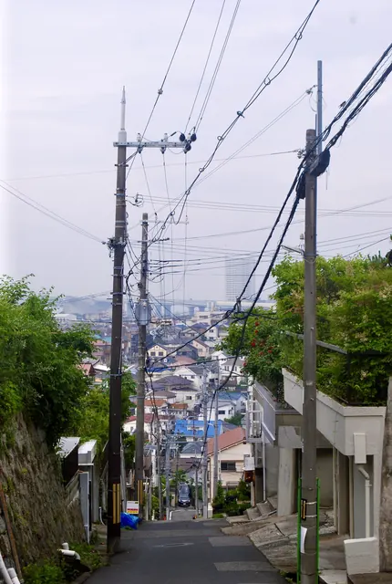電柱と電線が入り組む坂の上から、家並みを見下ろす風景