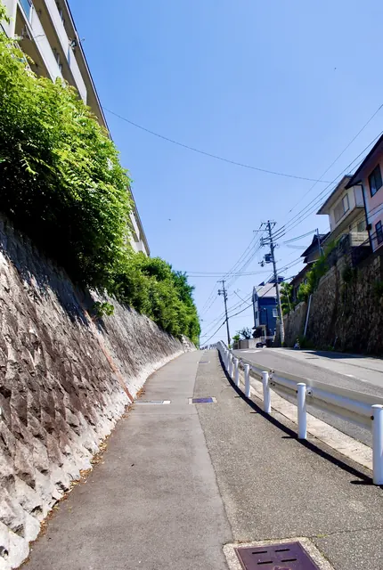 苔むした石垣とガードレールに沿って、カーブしながら上る坂道