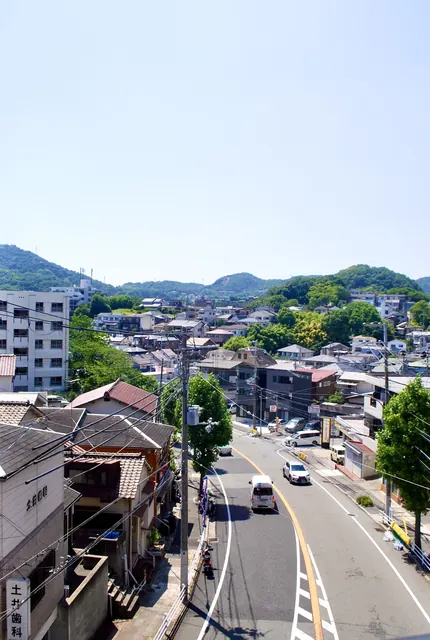 高いところから、山に囲まれた町並みとカーブする道を見下ろす風景