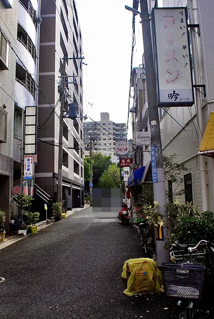 「お茶漬け」の看板や縦看板が並ぶ、坂へ続く路地
