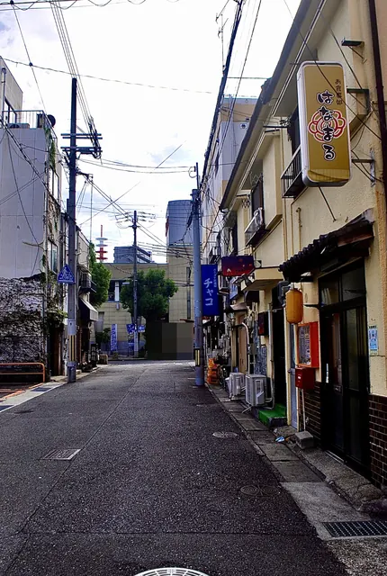赤い提灯や看板の並ぶ店と、奥へ続く道