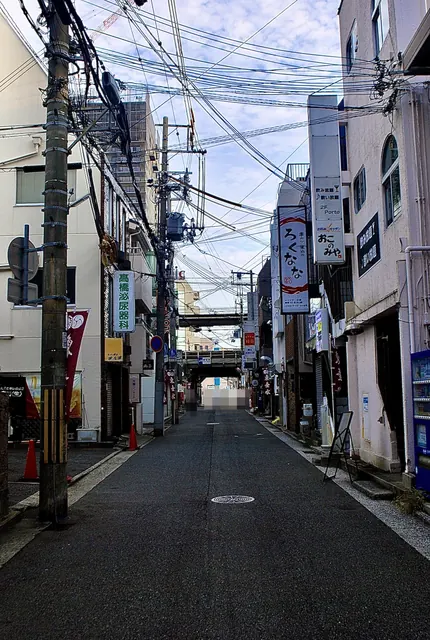 幾重にも張られた電線の下、縦長の看板が並ぶ細い通り