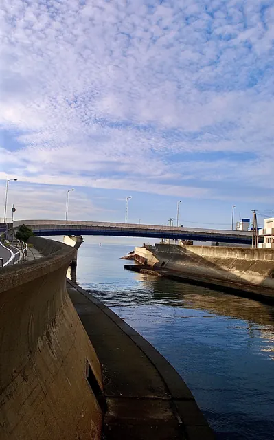 カーブする護岸の先に、海へ続く川と橋が見える風景