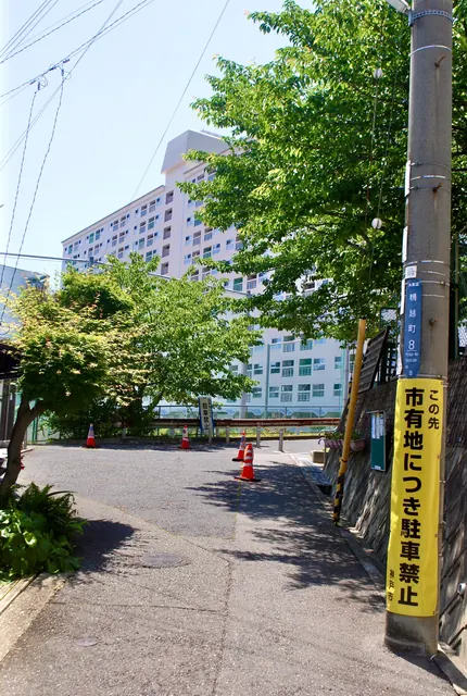 町名表示のある電柱と、木陰の道の奥にそびえる団地