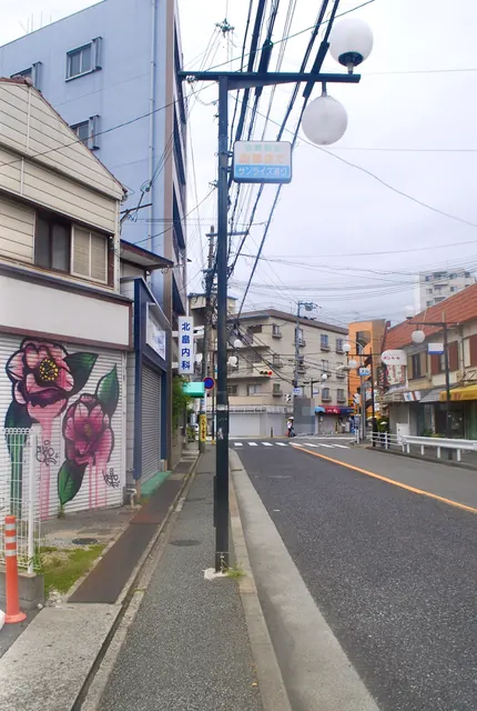 大きな花の絵が描かれたシャッターと、奥へ続く大通り