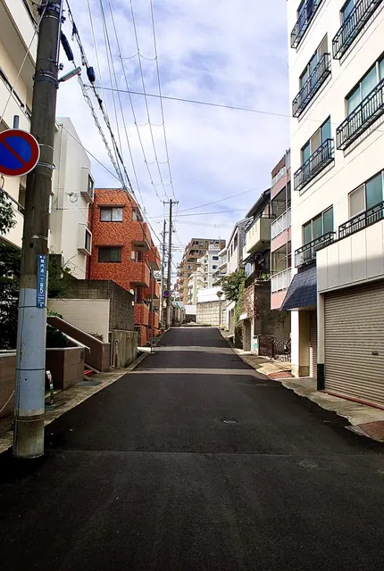 マンションと家々のあいだを、まっすぐ続く道