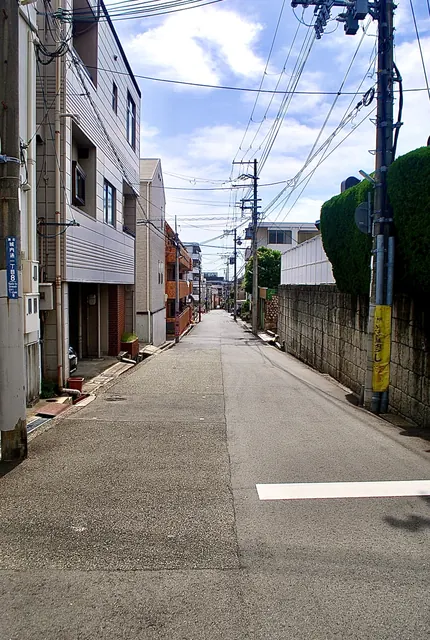 白い線の引かれた、遠くまでまっすぐな住宅街の道