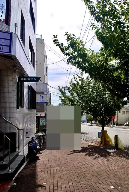 レンガ敷きの歩道と、並木の続く大通り