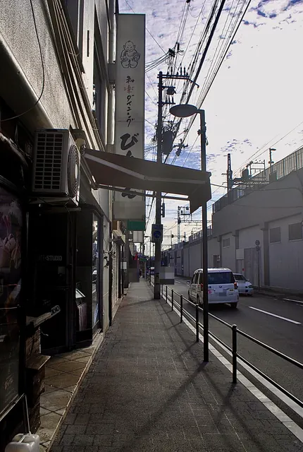 店の日よけと電柱の並ぶ歩道と、線路の高架沿いの道路