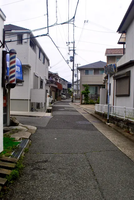 赤白青のサインポールの先に、カーブして上る坂道