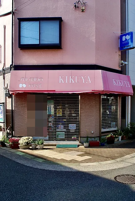 ピンクの日よけに「SHISEIDO」「KOSÉ」と書かれた化粧品店の角