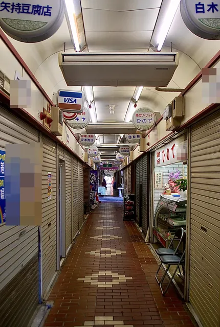 丸い看板が並び、タイルの床がまっすぐ続く市場のアーケード