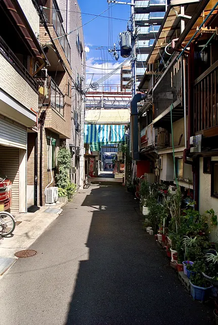 植木鉢が並ぶ路地の奥に、縞模様の日よけが見える風景