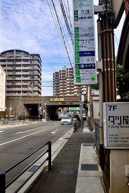 縦長の看板が並ぶ建物の脇から、高架下へ続く大通り