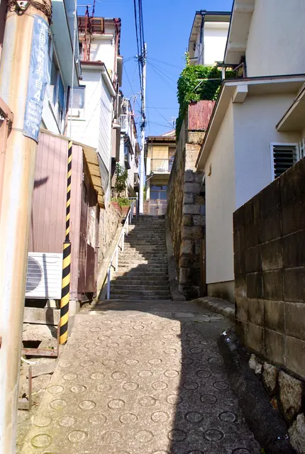 丸い滑り止めの模様の坂の先に、石段が続く路地