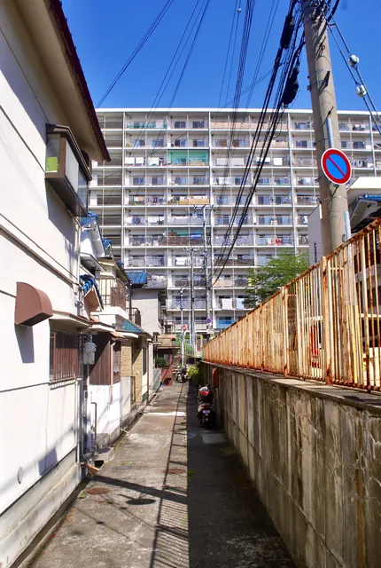家とフェンスのあいだの細い路地から、大きな団地を見上げる風景