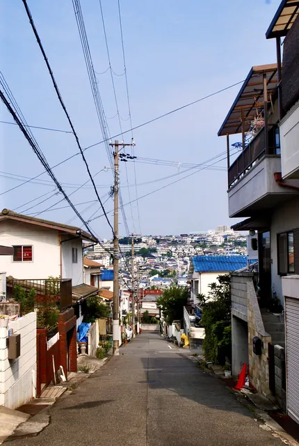 電柱と電線の向こうに、坂の下の家並みが広がる細い道