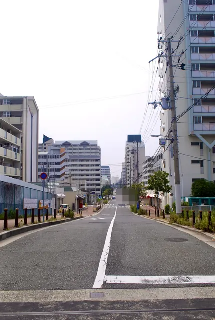 大きなマンションが建ち並ぶ、まっすぐな大通り