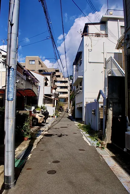 町名表示のある電柱と、青空の下に続く住宅街の路地