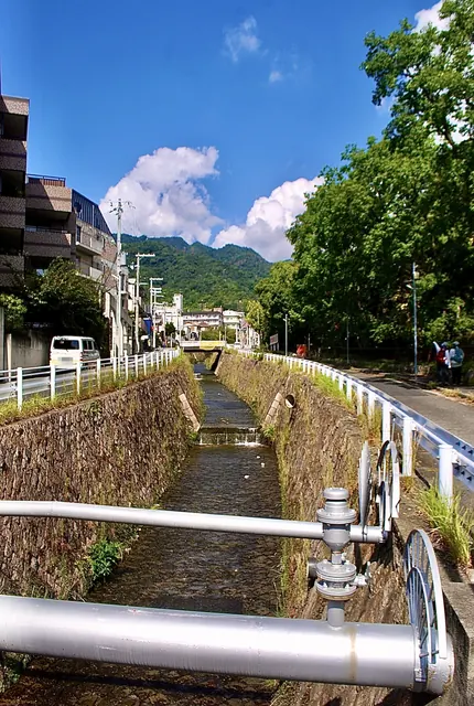 青空と山を背に、木々の茂る岸のあいだを流れる川