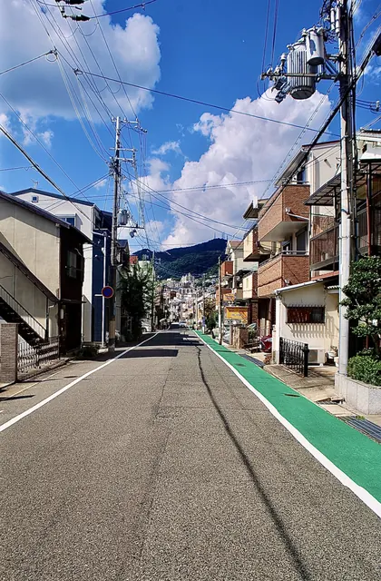 緑色の自転車レーンが、山の見える奥へとまっすぐ続く道