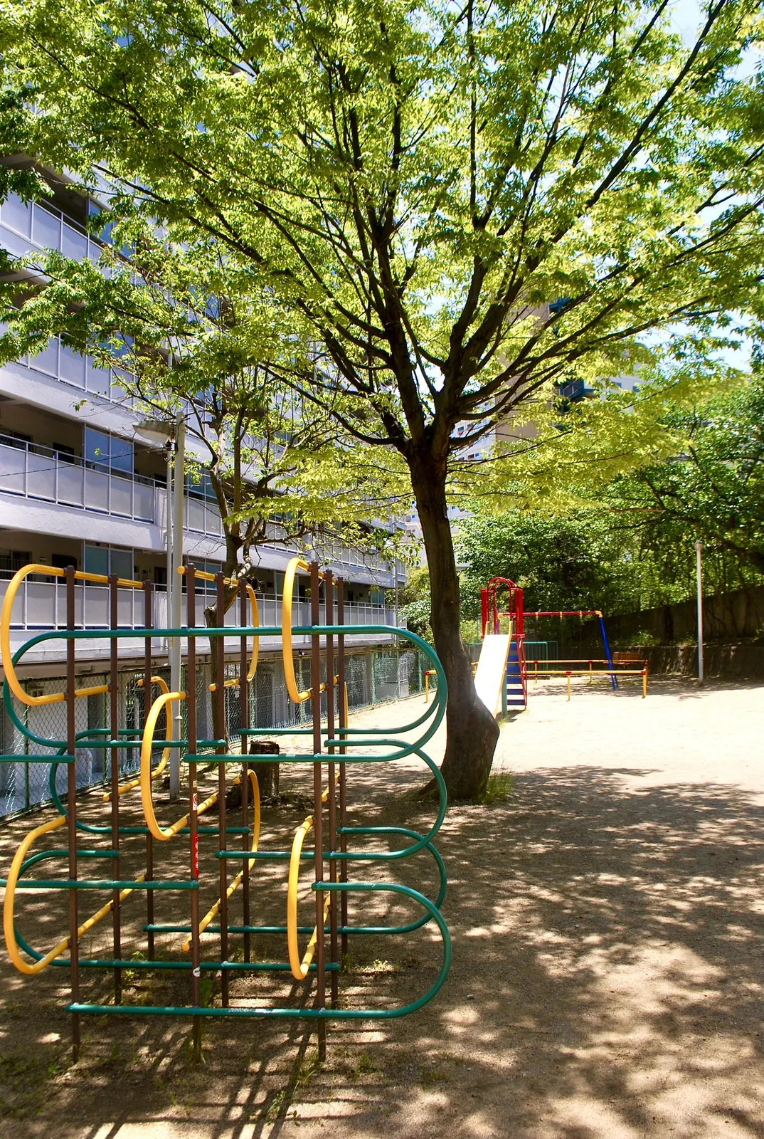 大きな木の下に、カラフルな遊具とすべり台のある公園