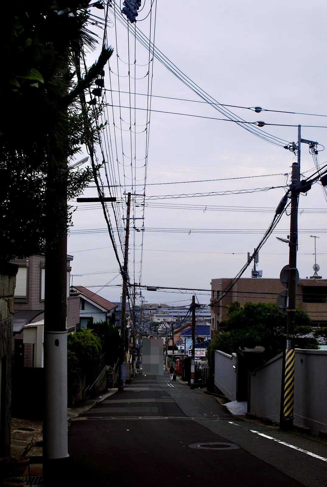 電柱の立つ木陰から、遠くの町までまっすぐ下る長い坂道