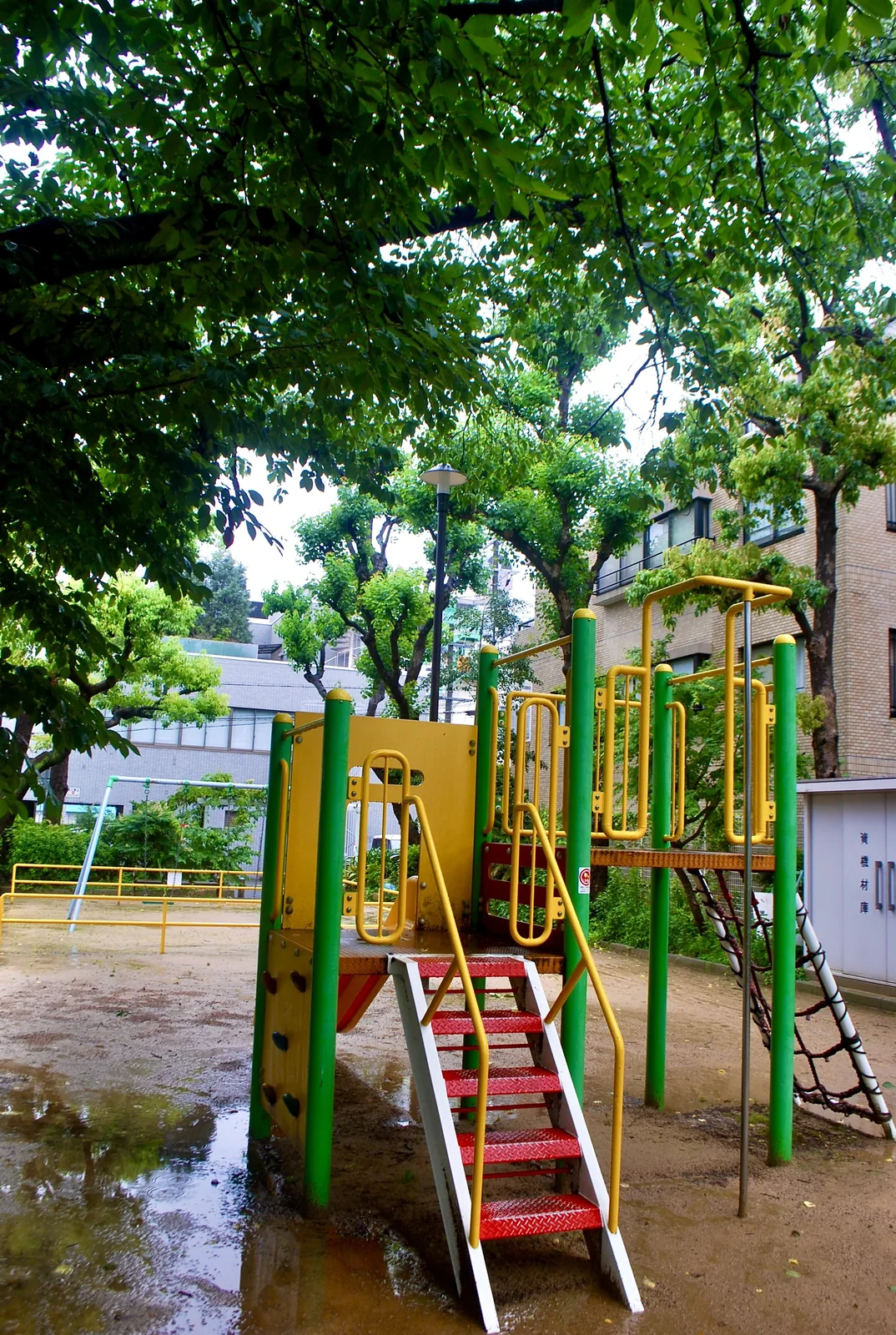 大きな木の下に、緑と黄色の遊具がある公園