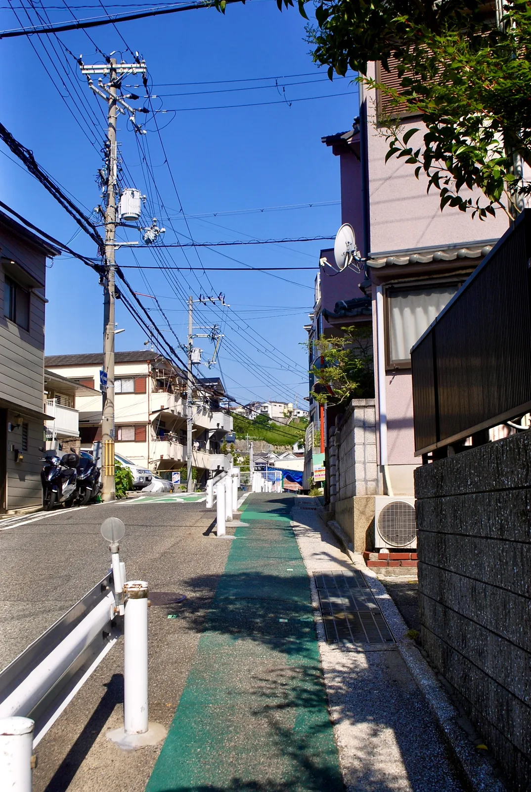 白いポールと緑の自転車レーンが続く、住宅街の坂道