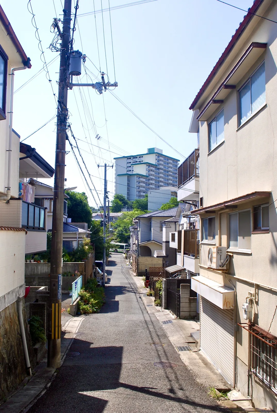 電柱と家々の並ぶ通りの先に、団地が見える風景