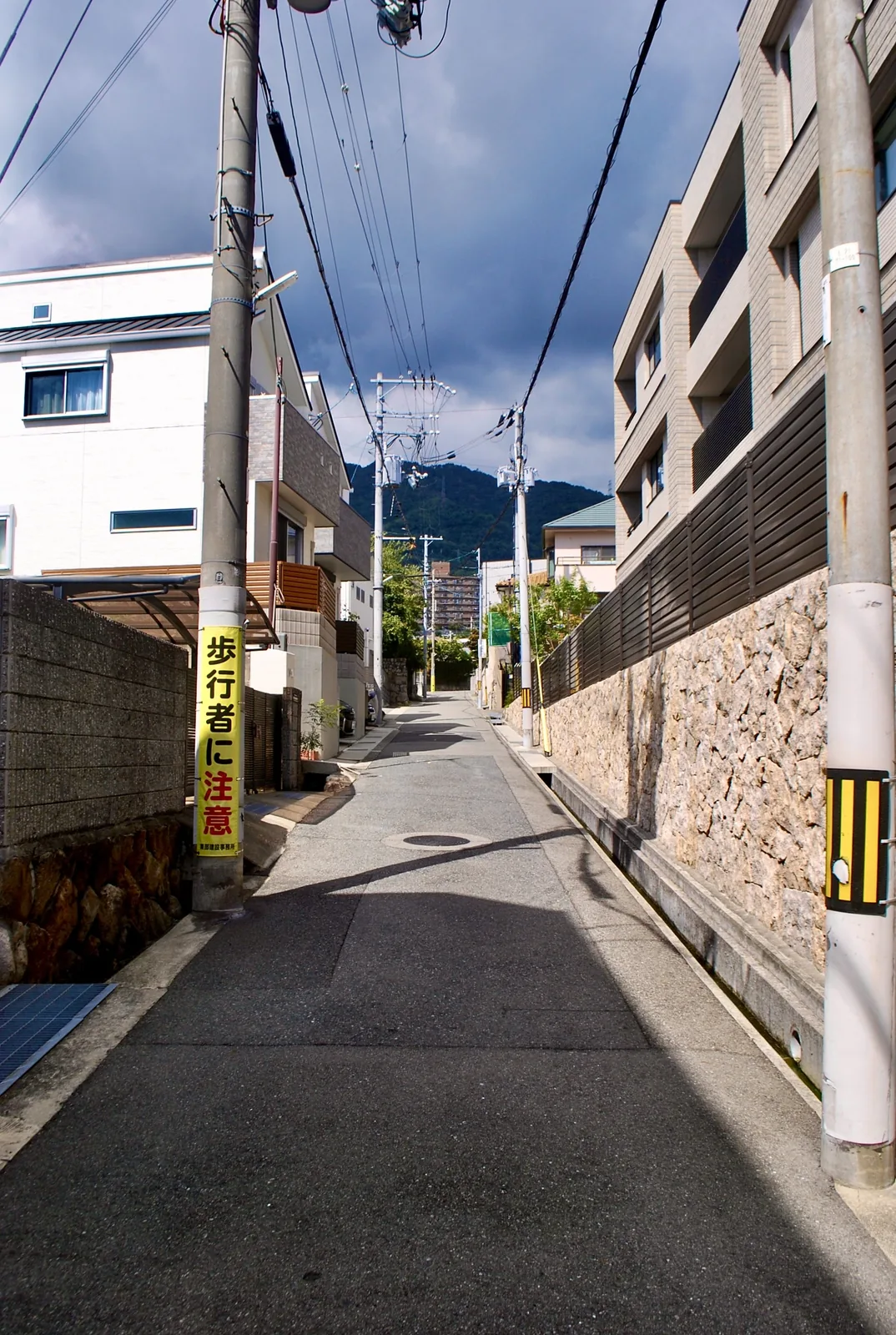 注意書きの巻かれた電柱と石垣のあいだを、山の方へまっすぐのびる道