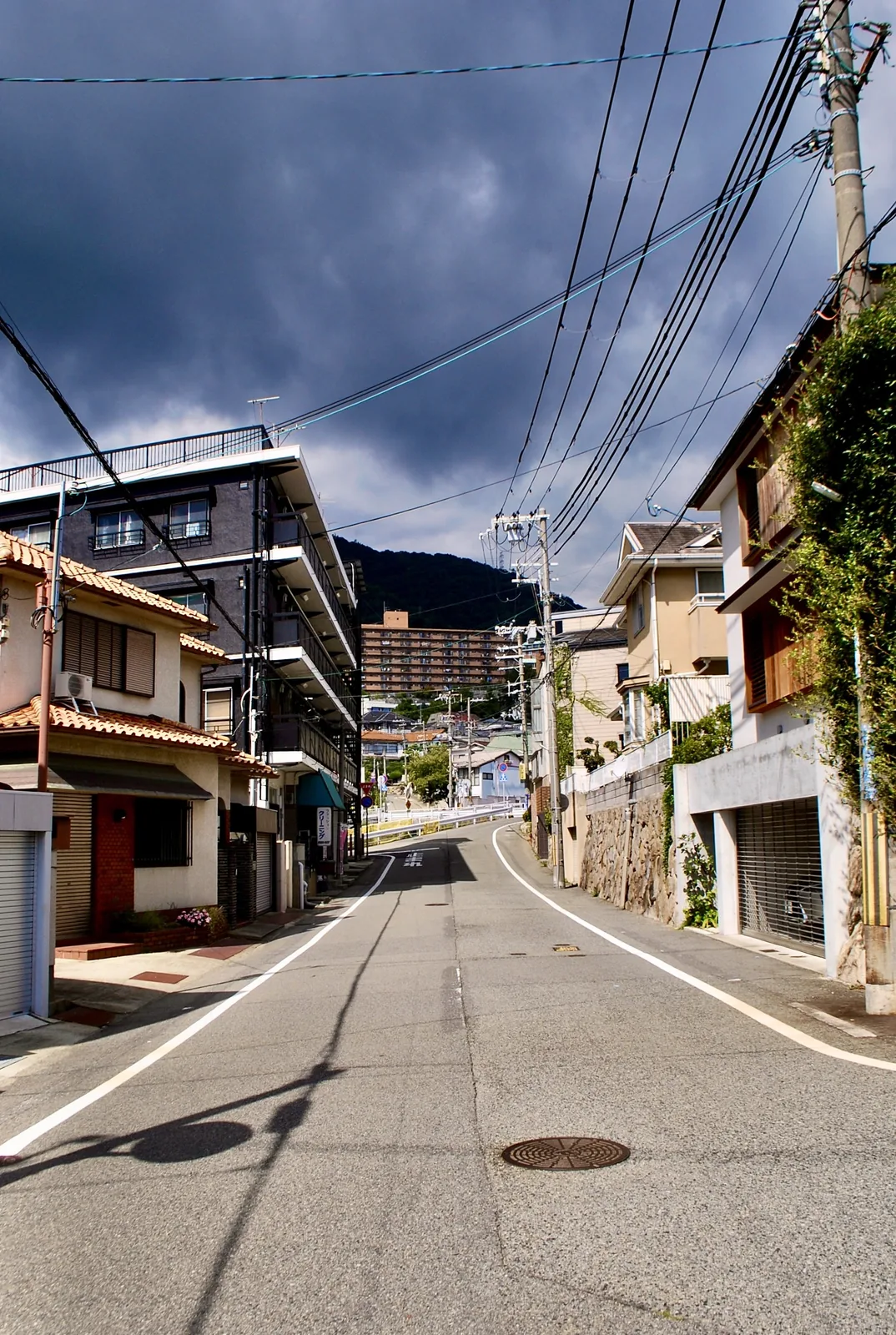 暗い雨雲の下、電線が幾重にも張られ、奥に山の見える通り
