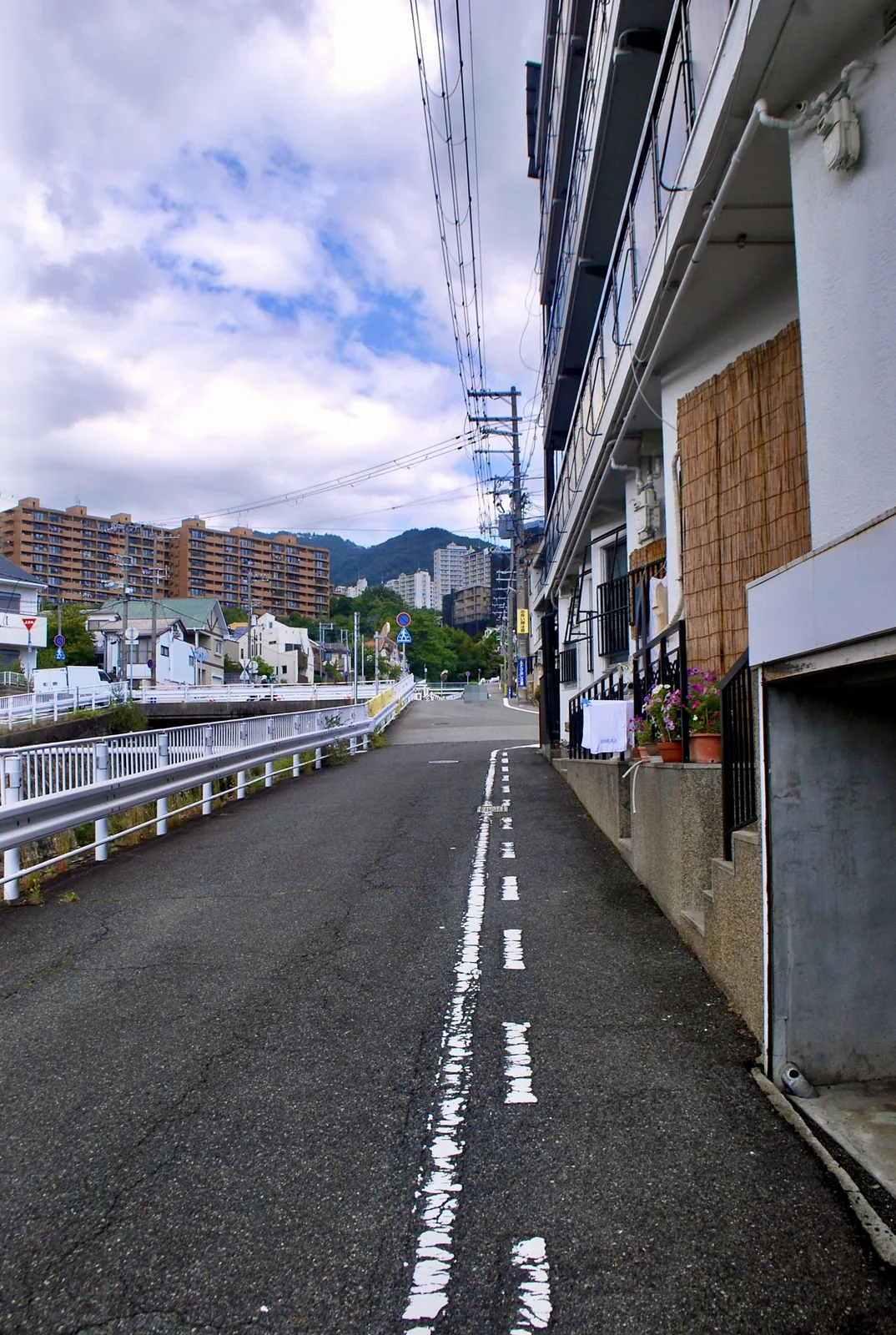 すだれの掛かった建物の脇を、山の見える奥へ続く川沿いの道