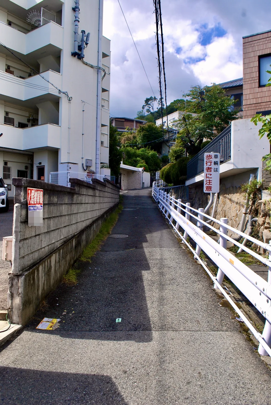 白いガードレールに沿って、緑の奥へ上っていく細い坂道
