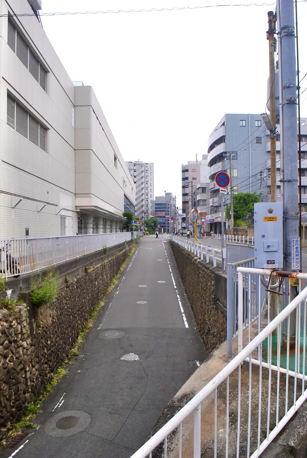 苔むした石垣と白い柵に沿って、まっすぐ続く道